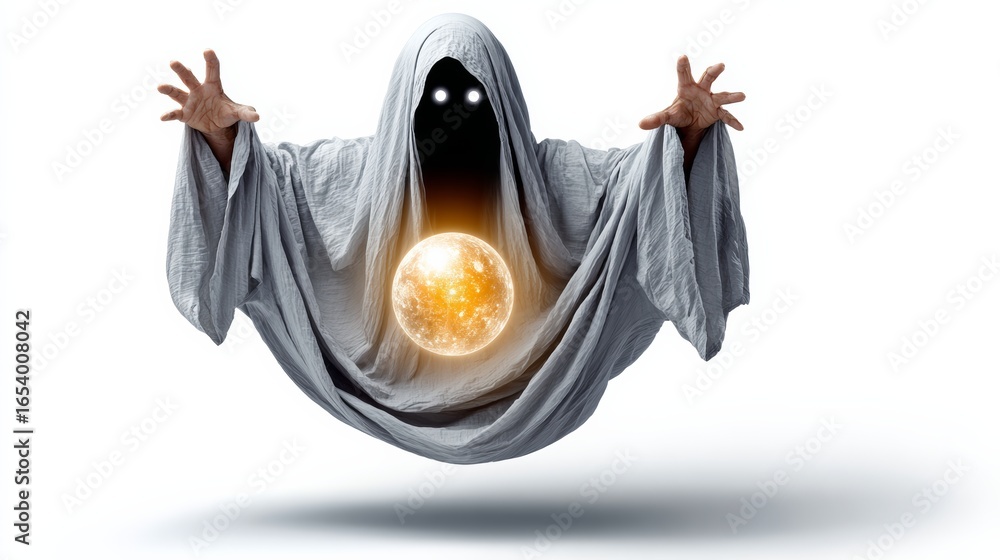 Poster ghostly figure is holding a glowing orb in its hand. the orb is a large, glowing ball that seems to 