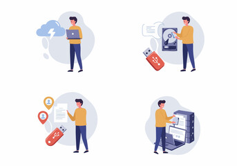 Obraz premium IT Infrastructure and Data Management Concepts: Cloud Computing, Hard Drive Storage, File Transfer, and Server Administration Illustrations