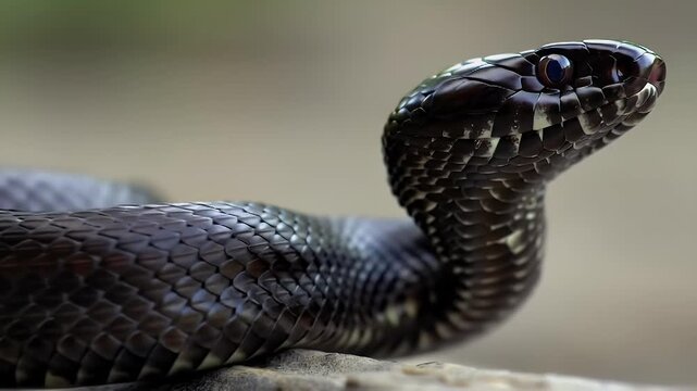 Dark Viper Snake Head Raised: Close-up of a sleek black snake with intense eyes and detailed scales in its natural environment
