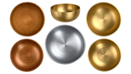Different materials. Golden brass bowl, Wooden bowl and an silver bowl on isolated transparent background. Realistic 3d vector dishware with smooth surface. 