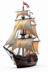 Sailing Ship Illustration: Vintage Vessel with Blue Sails for Commercial Use.

