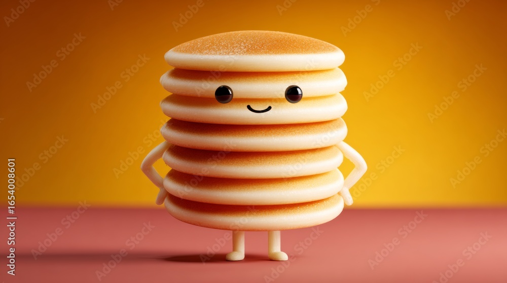 Poster cartoon character made out of pancakes is standing on a table. the pancakes are stacked on top of ea