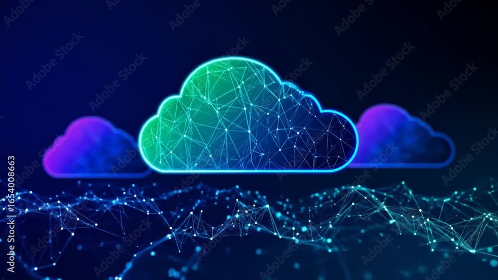 Poster digital cloud computing concept: abstract geometric data transfer animation