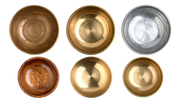 Different materials. Golden brass bowl, Wooden bowl and an silver bowl on isolated transparent background. Realistic 3d vector dishware with smooth surface. 