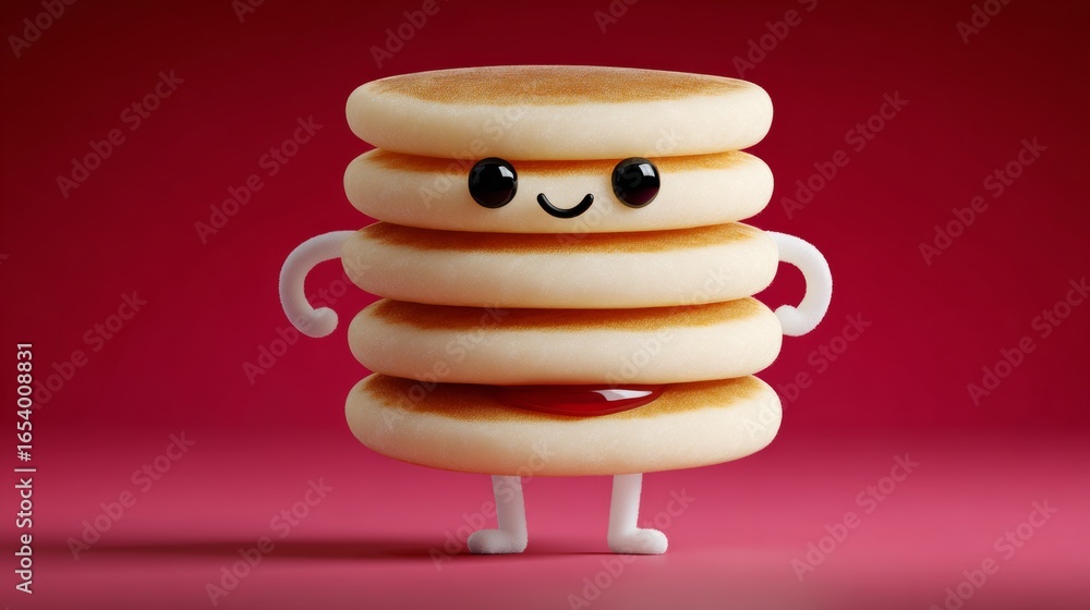 Poster cartoon character made out of pancakes is standing on a red background. the pancakes are smiling and
