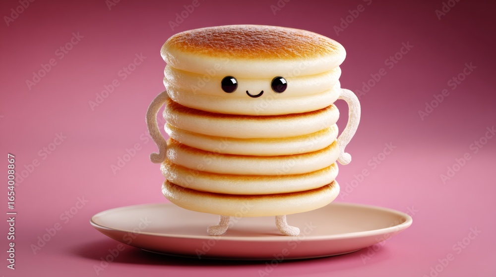Poster cartoon character made out of pancakes is standing on a plate. the pancakes are stacked on top of ea