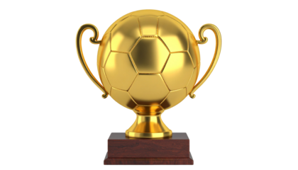 Golden football trophy cup with handles, isolated on transparent background, sports award, shiny metallic texture