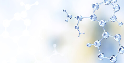 Vertical or horizontal banner with model of abstract molecular structure. Background of light blue color with glass atom model. Copy space for your text. 3d render