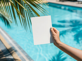 Woman holding blank card by the pool with palm shadow