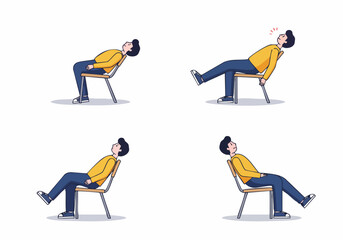 Fototapeta premium Four illustrations of a man on a chair, demonstrating leisure, precarious balance, and the moment of nearly losing stability.