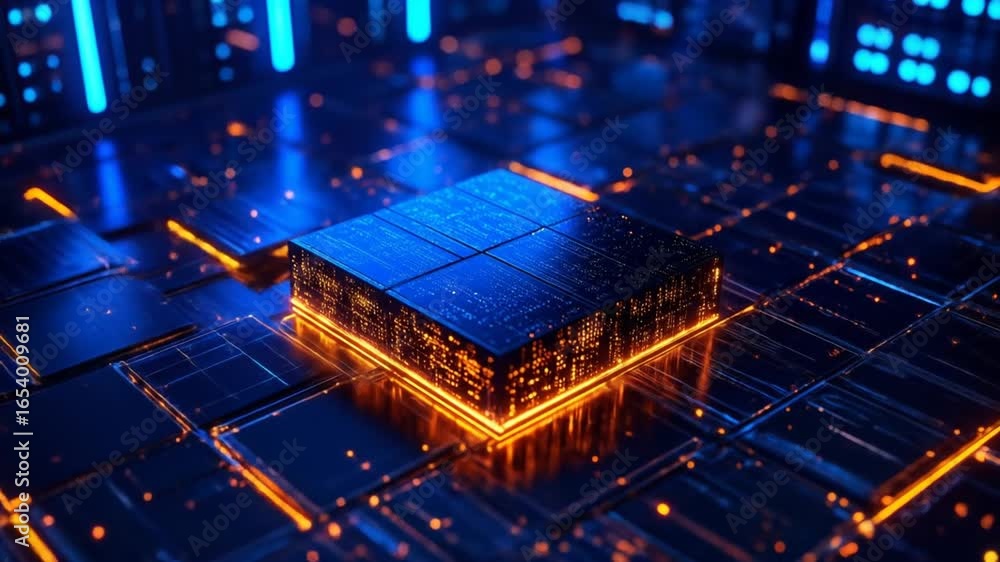 Aufkleber digital circuitry visualization: glowing blue and orange cybernetic processor and grid