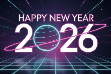 Happy New Year 2026 with Globe and Neon Rings, Celebrating the Future, Festive Greetings