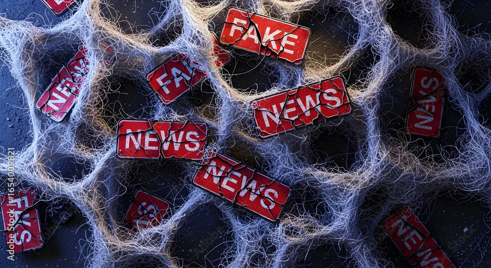 Poster conceptual image depicting misinformation, fake news, and its spread through a network, representing
