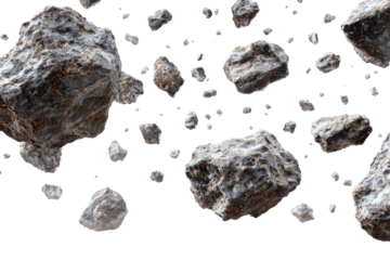Many rocks, varying sizes, flying apart