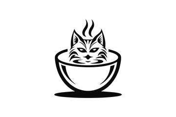 Stylized Cat Face Illustration, Black Ink Drawing on White Background