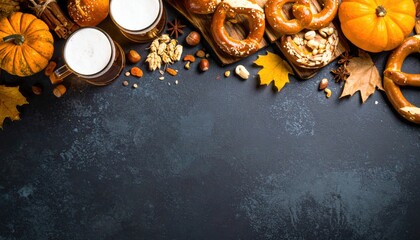 Fall harvest celebration with pumpkins pretzels and beer in a cozy autumn setting food photography seasonal festivities