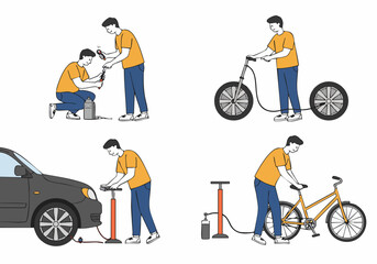 Illustrated guide to vehicle tire inflation and maintenance for bicycles, cars, and scooters by individuals.
