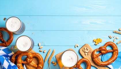 Festive beer and pretzel gathering oktoberfest celebration food and beverage colorful indoor setting aerial view culinary experience