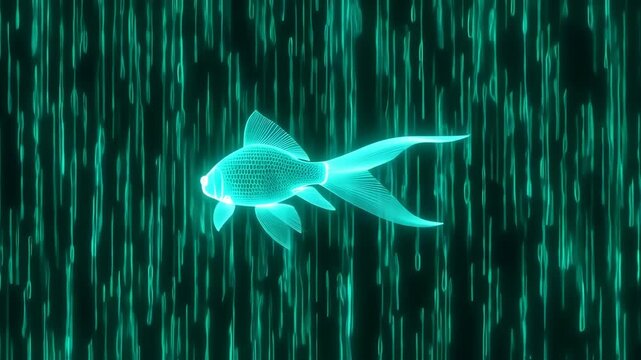 Neon turquoise fish in a digital code rain