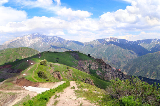 Aerial view of picturesque scenery in Western Tien Shan Mountains, Uzbekistan. A bird's-eye view of the enchanting mountain landscape. Vertical photo - landscape of Chimgan mountains, Tashkent region