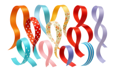 Row of colorful ribbons, each with unique color and pattern.
