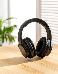 Black Wireless Headphones on Wooden Table with Plant and Window Background