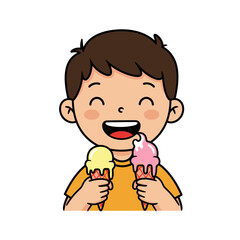 Cheerful cartoon boy with brown hair happily eating two colorful ice cream cones.