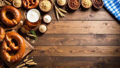 Delicious pretzel feast rustic kitchen table food photography warm atmosphere top-down view gastronomic delight