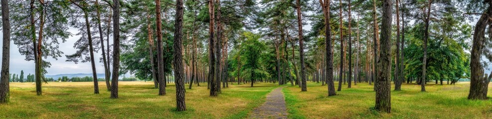 Forest path through tall pines