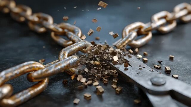 A chain is being cut with a pair of scissors. The chain is made of gold. Conceptual illustration of chain links cut by scissors with falling cargo icons, supply chain disruption, gritty muted metallic