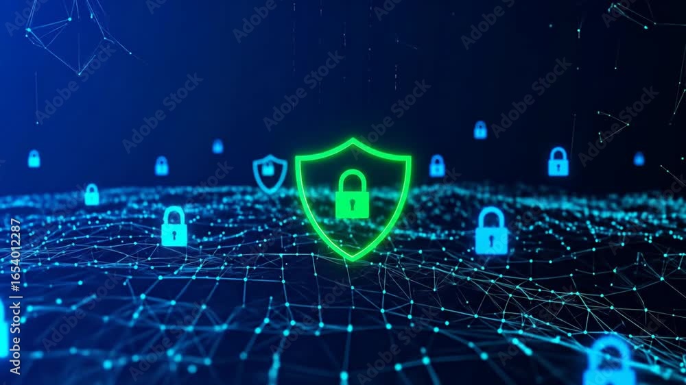 Poster cybersecurity shield animation: digital network data encryption and online safety visualization