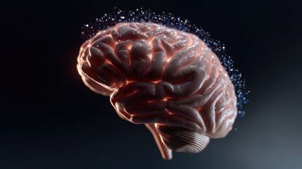 Glowing human brain side view, digital particles, neural network, futuristic science, intelligence, innovation, dark background
