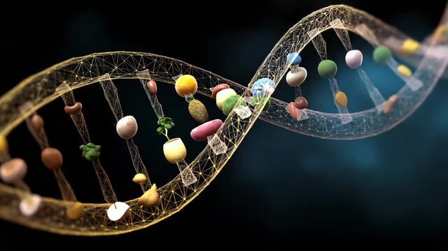 A DNA strand with many different colored beads on it. Conceptual illustration of DNA helix connecting to food icons like protein, fiber, vitamins, personalized nutrition, conceptual modern tech