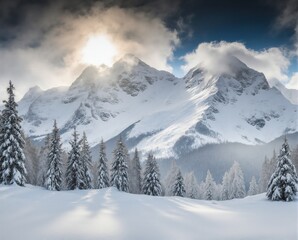 Obraz premium Snowy Mountain Landscape with Sunlight Piercing Through Clouds