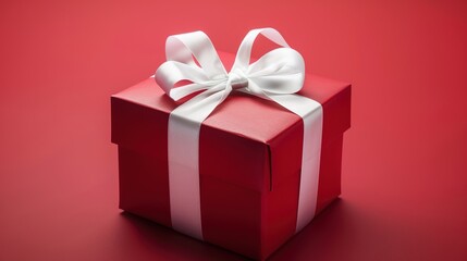 Obraz premium Red gift box with white ribbon and bow, centered product shot on clean background.