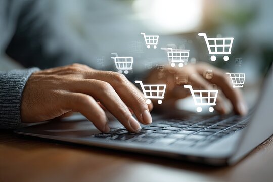 Hands typing on a laptop with shopping cart icons