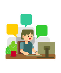 Flat design illustration of a young man using a computer with colorful chat bubbles, symbolizing online communication, social media, messaging, or digital conversation.