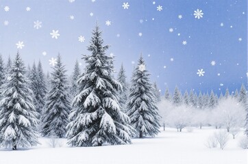 Fototapeta premium Snow-covered pine trees under a clear blue sky with falling snowflakes