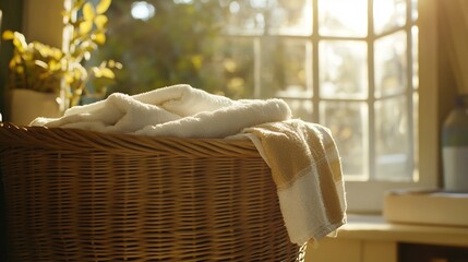 Large wicker laundry basket filled with freshly washed neatly folded towels in a cozy laundry room with sunlight streaming in giving a sense of cleanliness and order