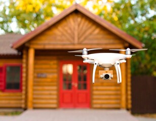 Drone delivering package in front of a log cabin