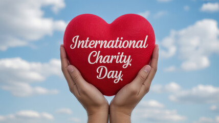 Hands holding a red heart with international charity day text against a cloudy blue sky