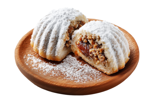 Traditional Maamoul cookies, one halved showing date and nut filling, isolated on white transparent background, concept of Arabic festive desserts