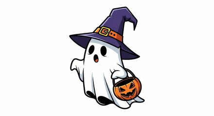 Cute Ghost Trick-or-Treating Halloween Illustration