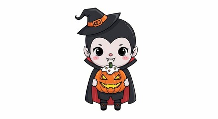Cute Chibi Vampire Holds Jack-o'-Lantern Halloween Illustration