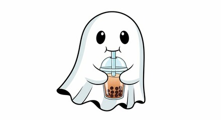 Cute Ghost Drinking Boba Tea Halloween Illustration
