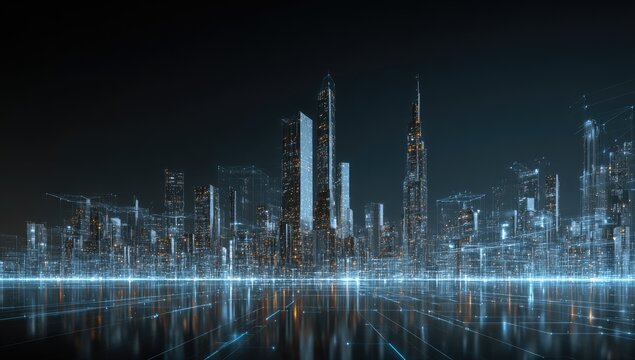 Futuristic city skyline at night, digitally enhanced