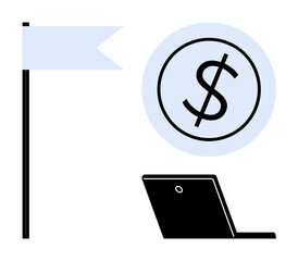 Laptop, dollar symbol, and flag illustrate business growth, financial goals, entrepreneurship, remote work, education, productivity and career planning. Ideal for startup success flat simple