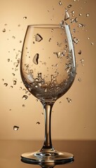 Dynamic shot of wine glass shattering. Sharp shards, water droplets explode outwards against soft neutral backdrop. Transparent crystal object captures motion, perfect for celebrations, parties, bars.