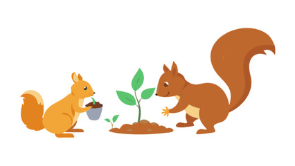 Squirrels planting trees vector illustration for nature conservation and wildlife protection concept art design