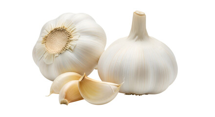 Two whole garlic bulbs and cloves isolated on transparent background